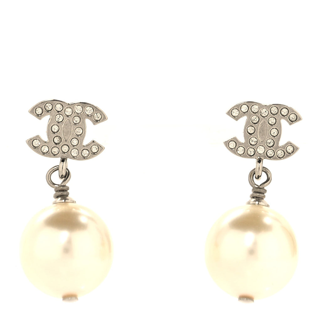 Crystal Pearl CC Drop Earrings Silver Pearly White