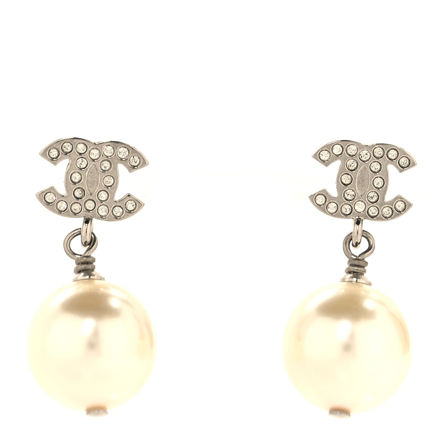 Crystal Pearl CC Drop Earrings Silver Pearly White
