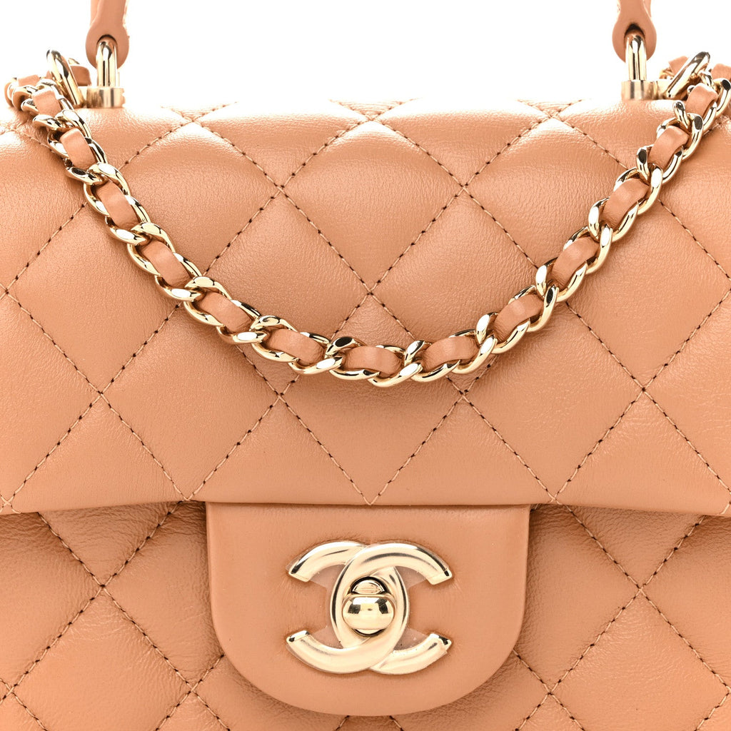Chanel Lambskin Quilted Mini Top Handle Rectangular Flap Dark Beige