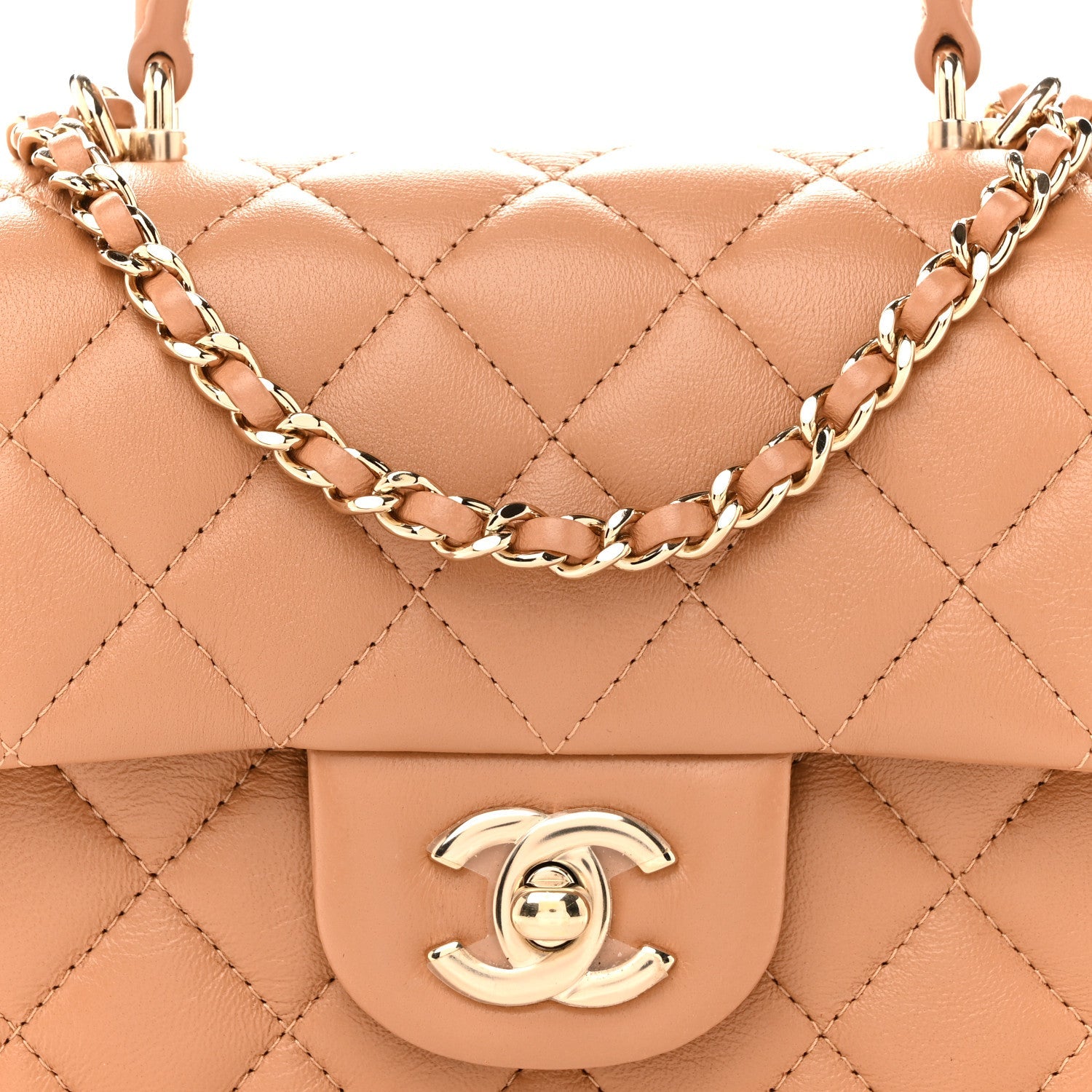 Chanel Lambskin Quilted Mini Top Handle Rectangular Flap Dark Beige