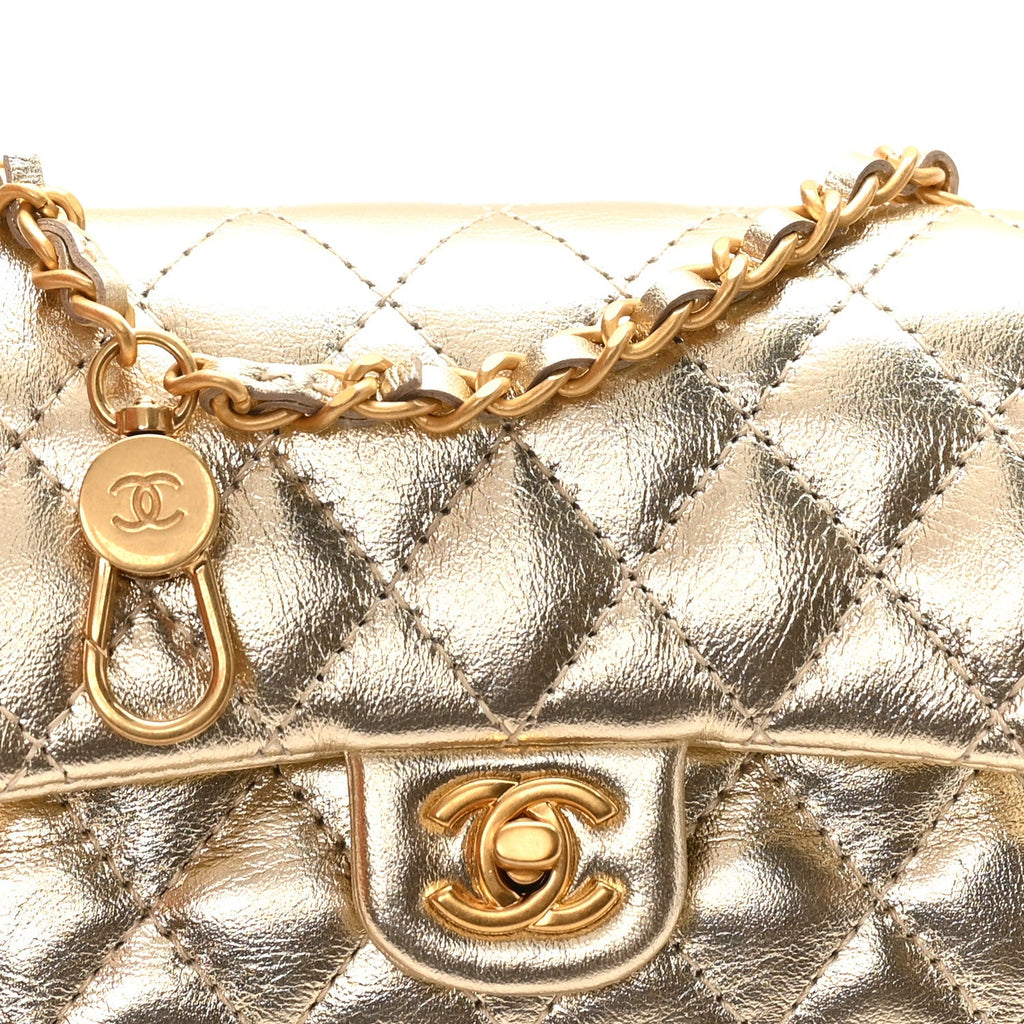 Metallic Calfskin Quilted Mini Flap Bag Charm With Hook Golden