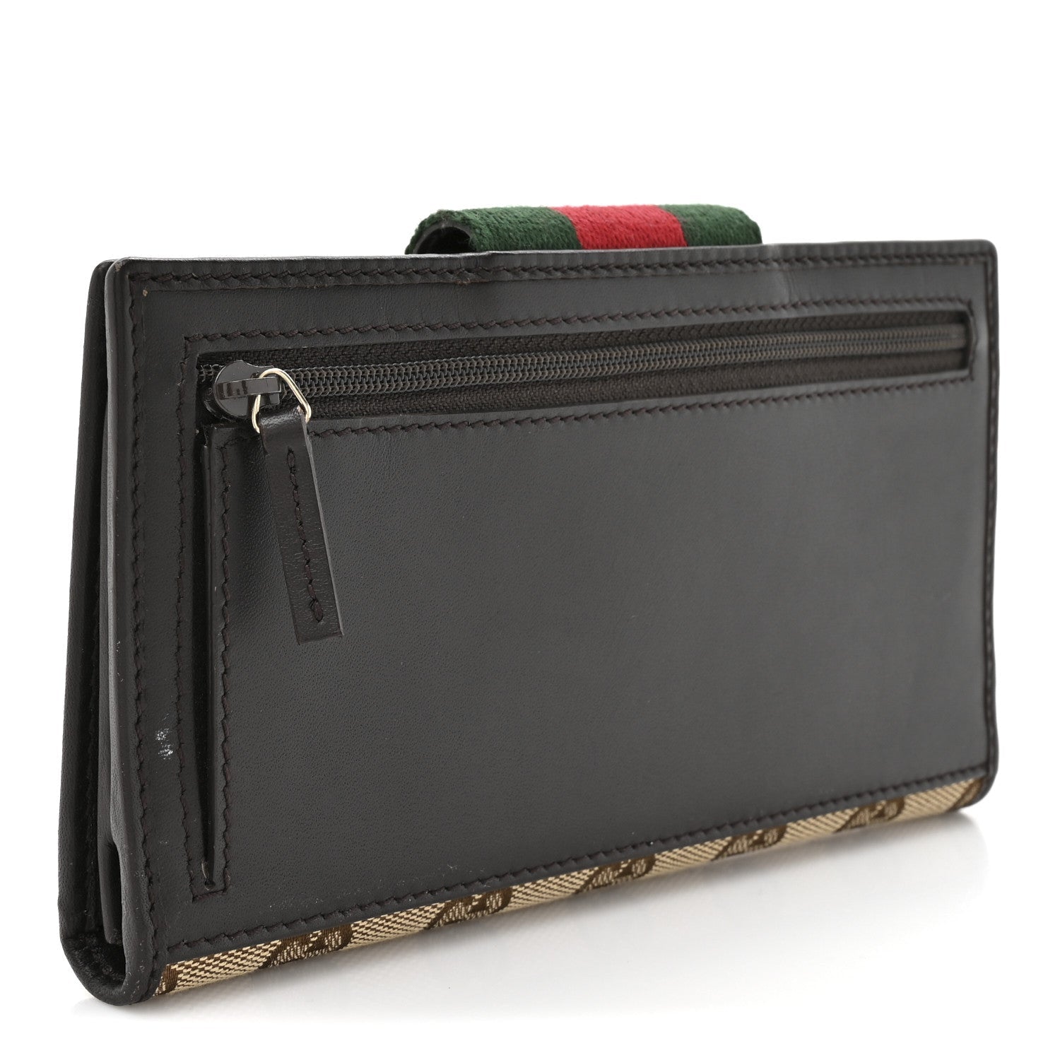Gucci Monogram Calfskin Ladies Web Continental Wallet Beige Ebony Cocoa