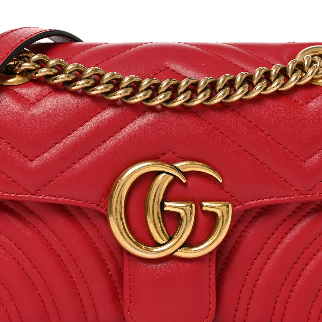 Gucci Calfskin Matelasse Small GG Marmont Shoulder Bag Hibiscus Red