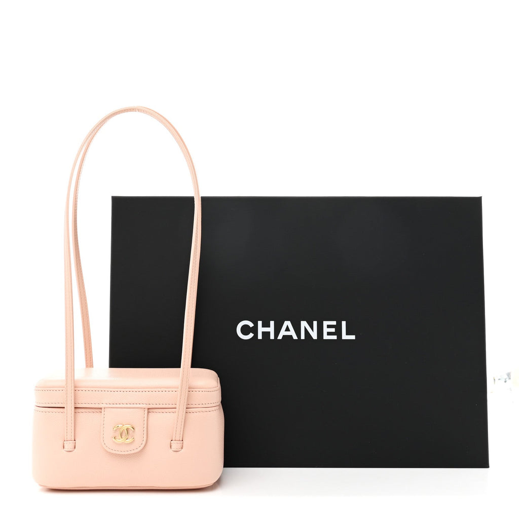 Chanel Shiny Caviar Preppy Coco Long Vanity With Strap  Light Pink