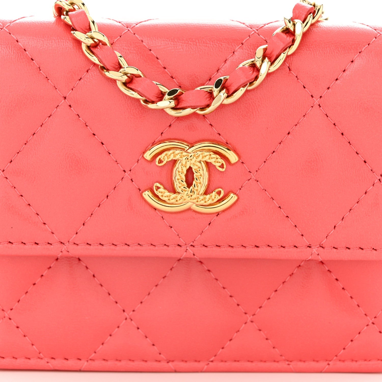 Chanel Shiny Lambskin Quilted Card Holder On Chain Pink