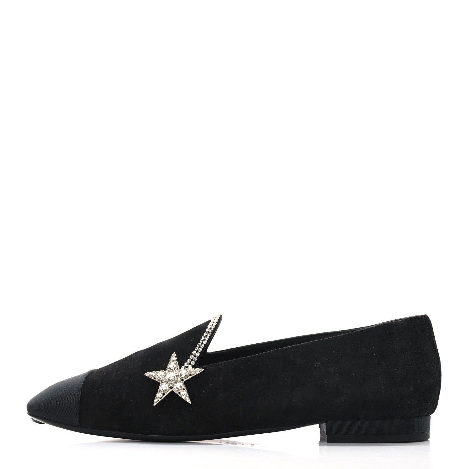 Chanel Suede Calfskin Grosgrain Crystal Star Mocassin Loafers 38 Black
