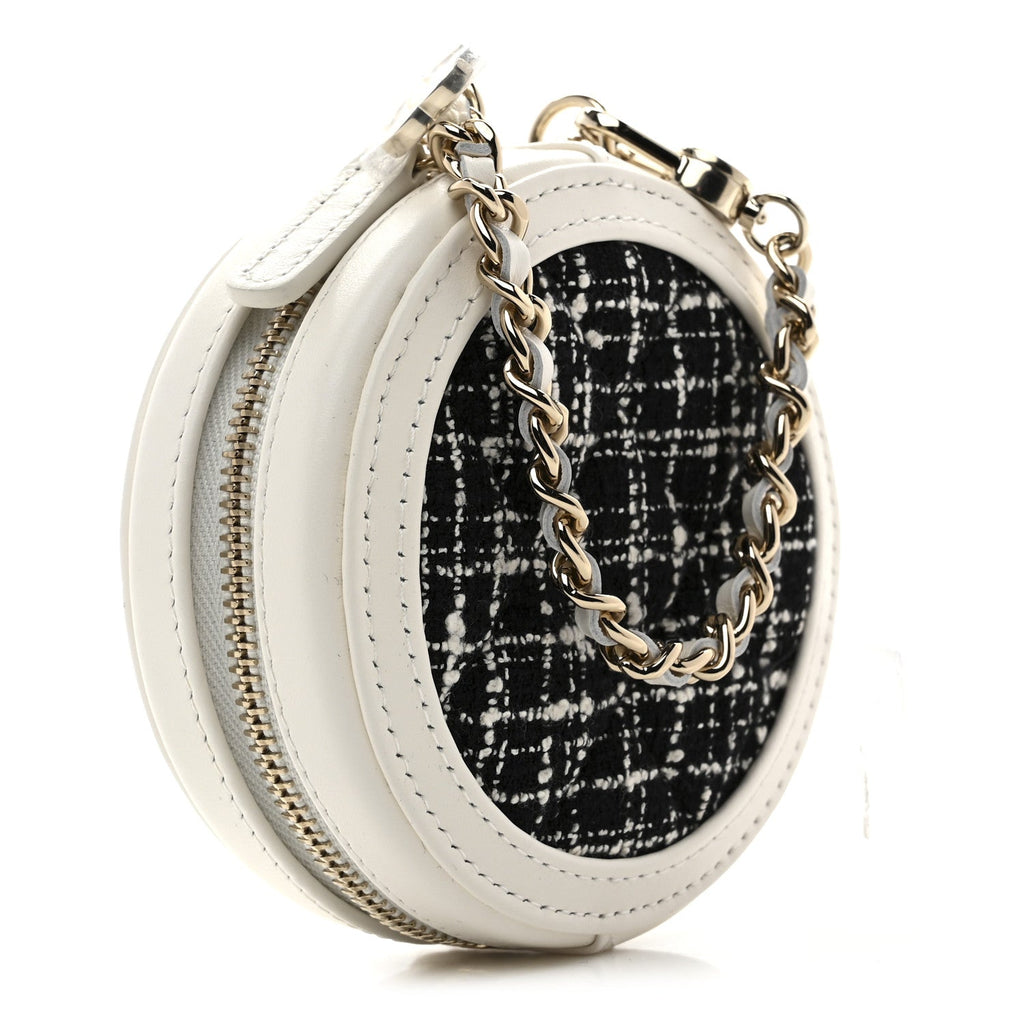 Chanel Tweed Quilted Round Filigree Pouch With Chain White Black