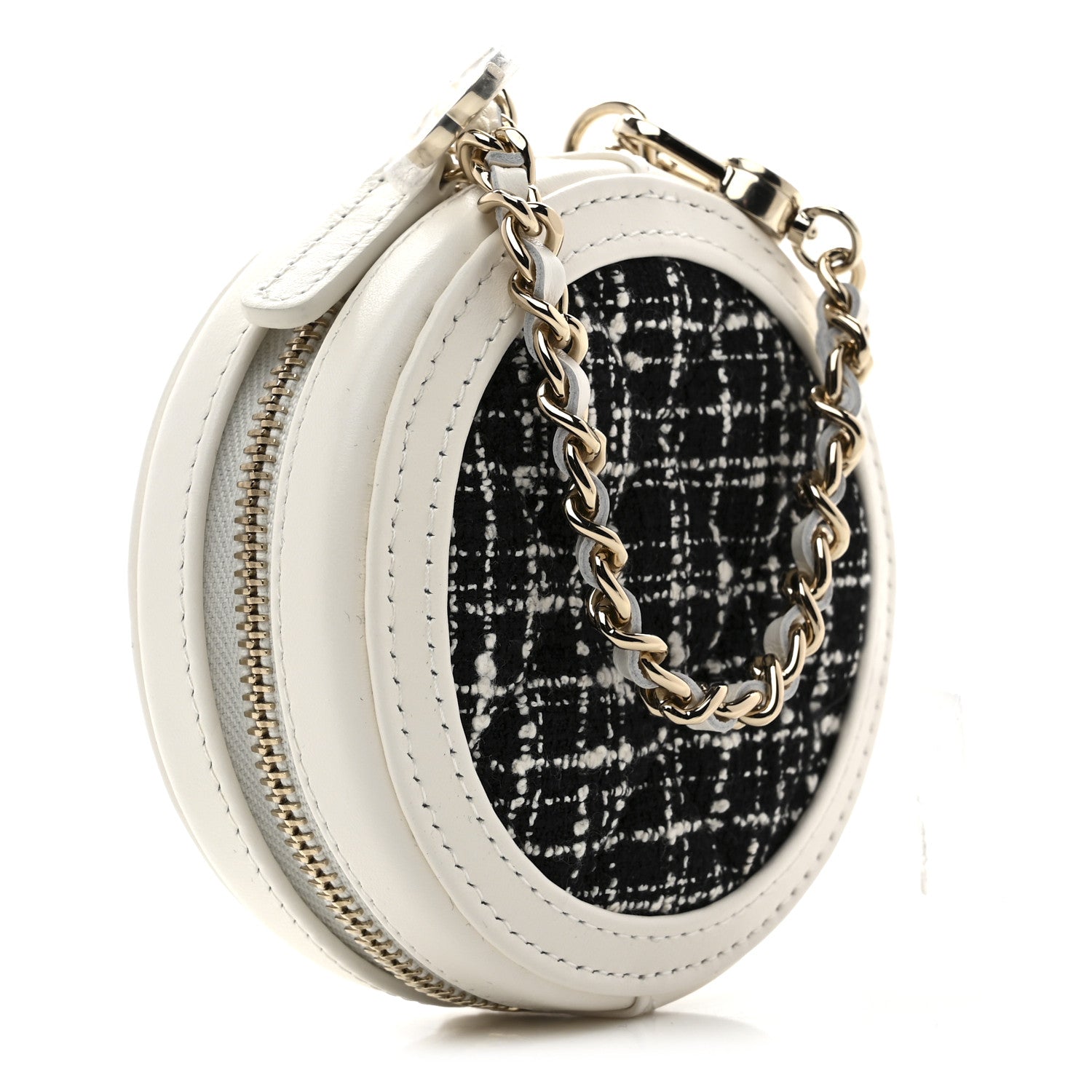 Chanel Tweed Quilted Round Filigree Pouch With Chain White Black