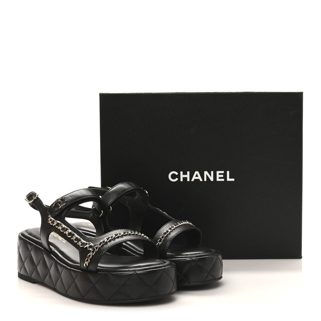 Lambskin Quilted Chain CC Platform Sandals 39.5 Black