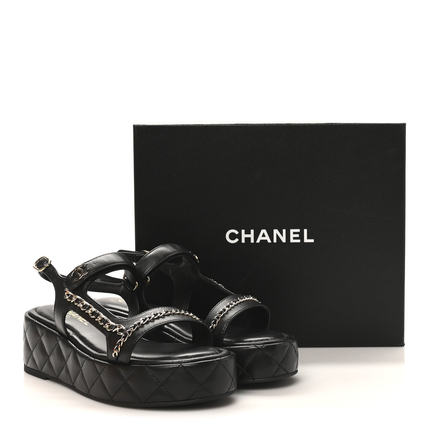 Lambskin Quilted Chain CC Platform Sandals 39.5 Black