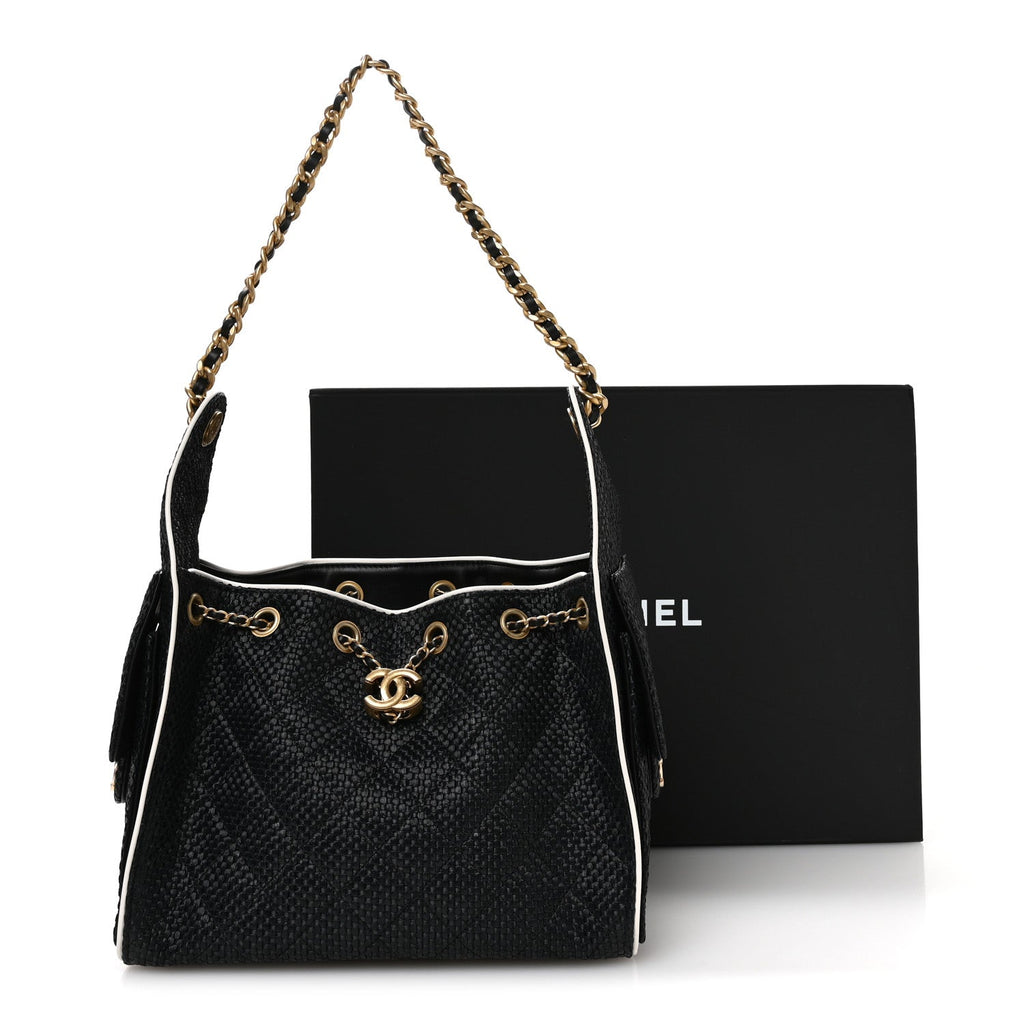 Chanel Braided Raffia Calfskin Small Chanel 25 Handbag Black White