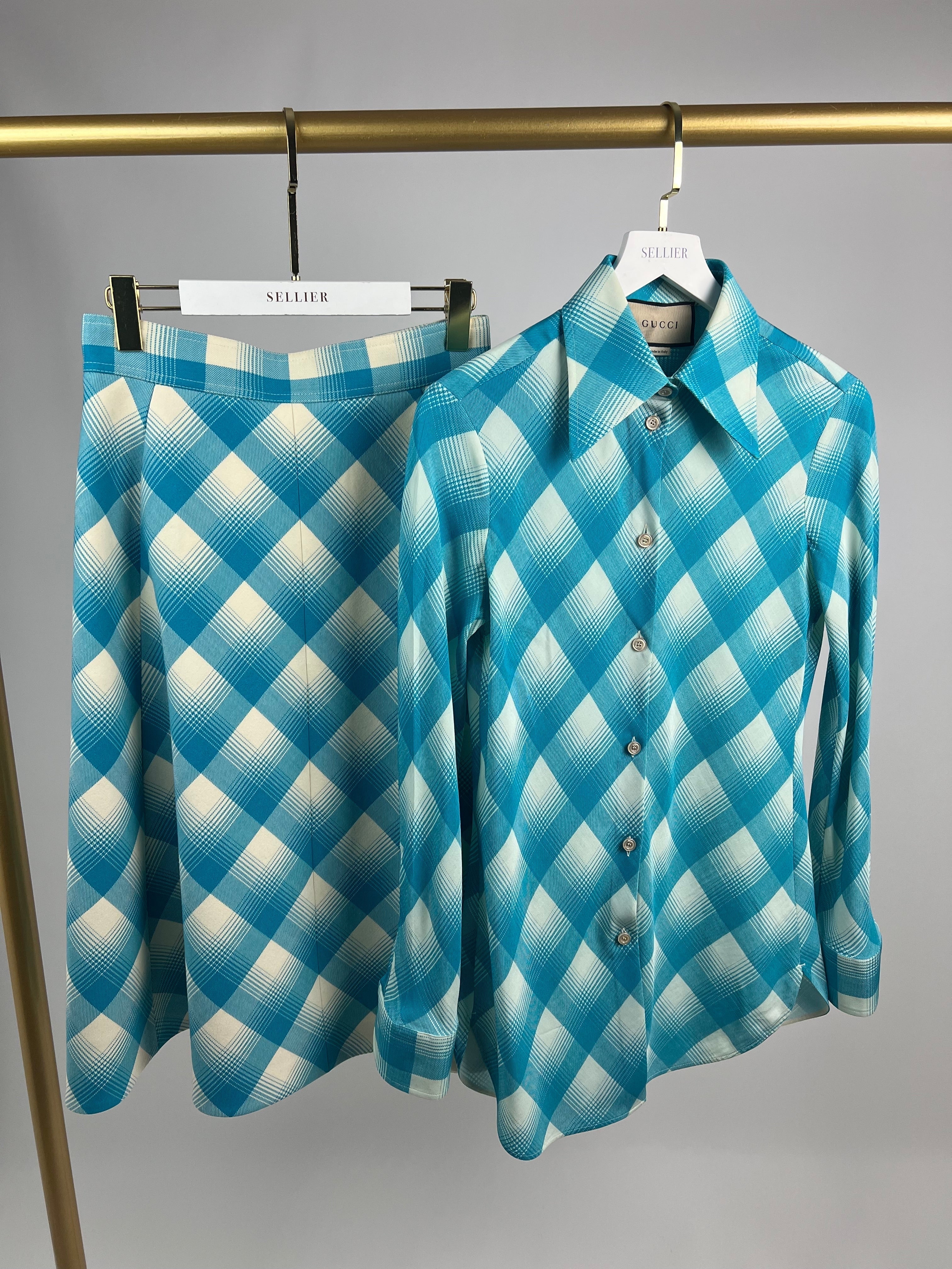 Gucci Turquoise and White Checked Shirt and Skirt Set IT 40 & 42 (UK 8-10)
