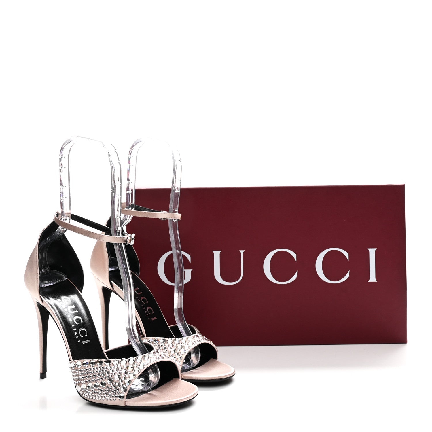 Gucci Satin Crystal Ankle Strap Sandal Pumps 39.5 Skin Rose