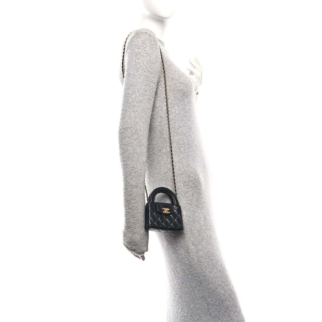 Chanel Shiny Aged Calfskin Quilted Mini Nano Kelly Shopper Black