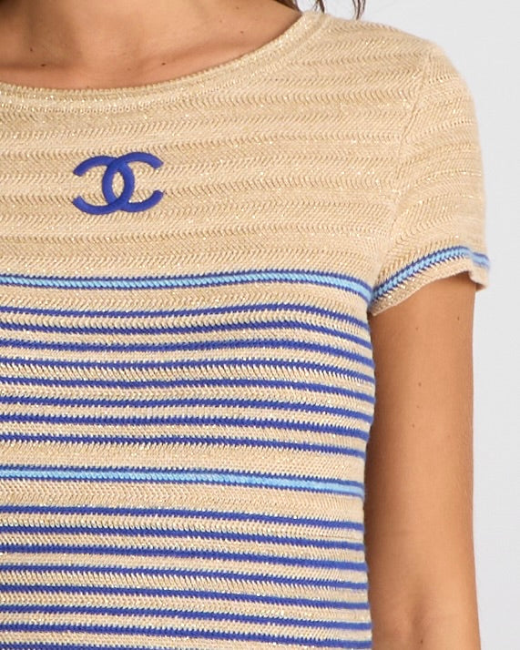 Chanel Cruise 2019 Beige, Gold and Blue Striped Linen Mini Skirt and Top Set with CC Logo and CC Logo Gold Buttons Size FR 36/38 (UK 8/10)
