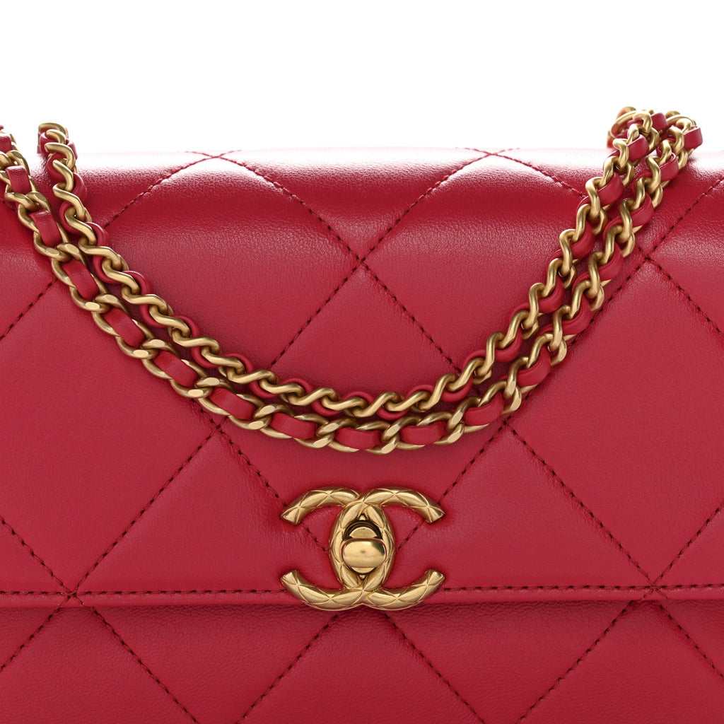 Chanel Lambskin Quilted Enamel Chain Logo Mini Flap Red
