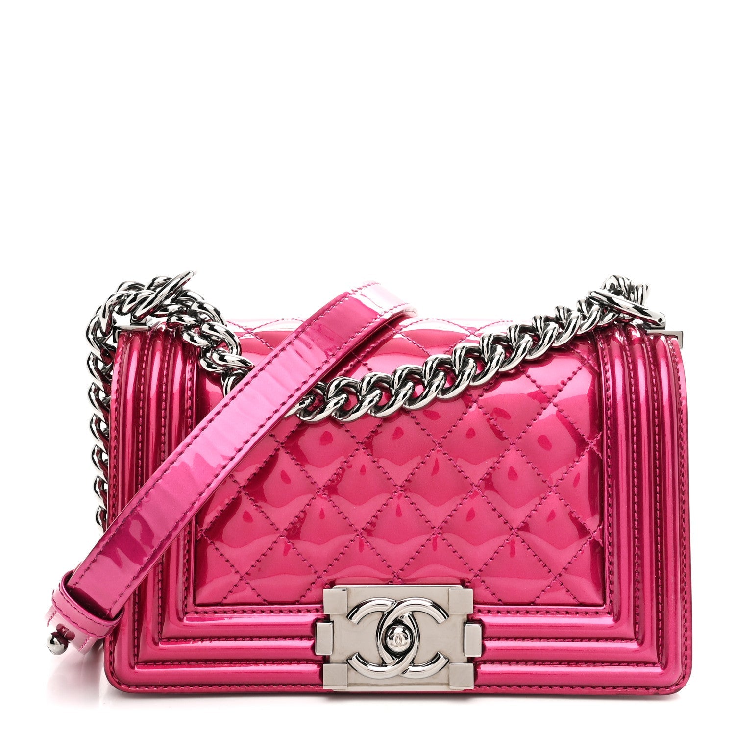 Chanel Metallic Patent Calfskin Quilted Small Boy Flap Pink