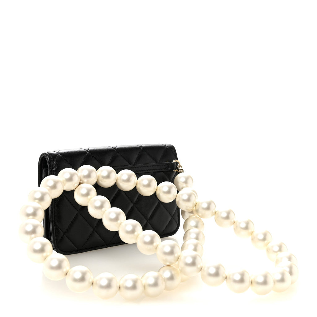 Chanel Calfskin Quilted Maxi Pearls Clutch With Chain Black