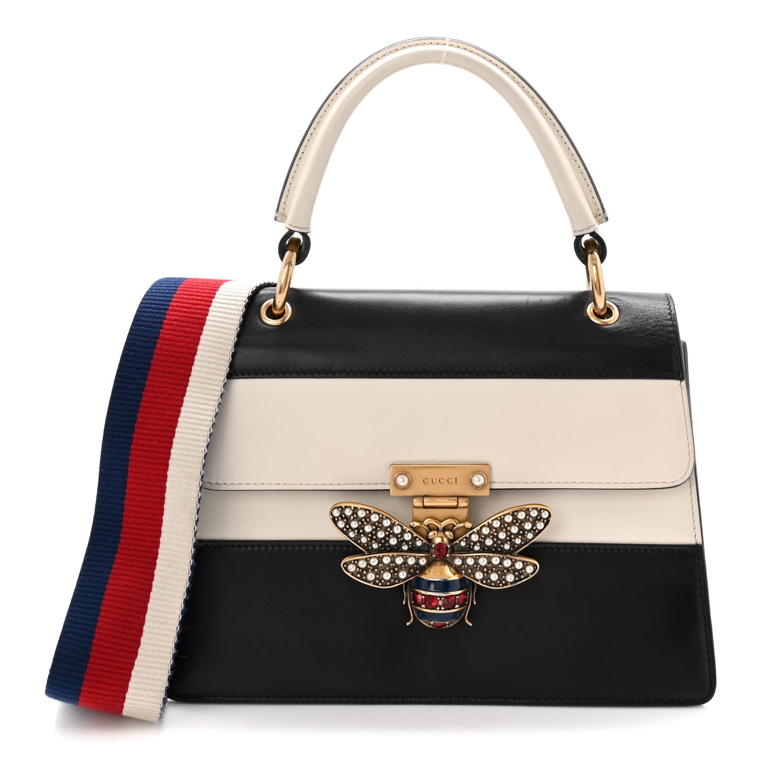 Gucci Calfskin Sylvie Web Small Queen Margaret Top Handle Bag Black White