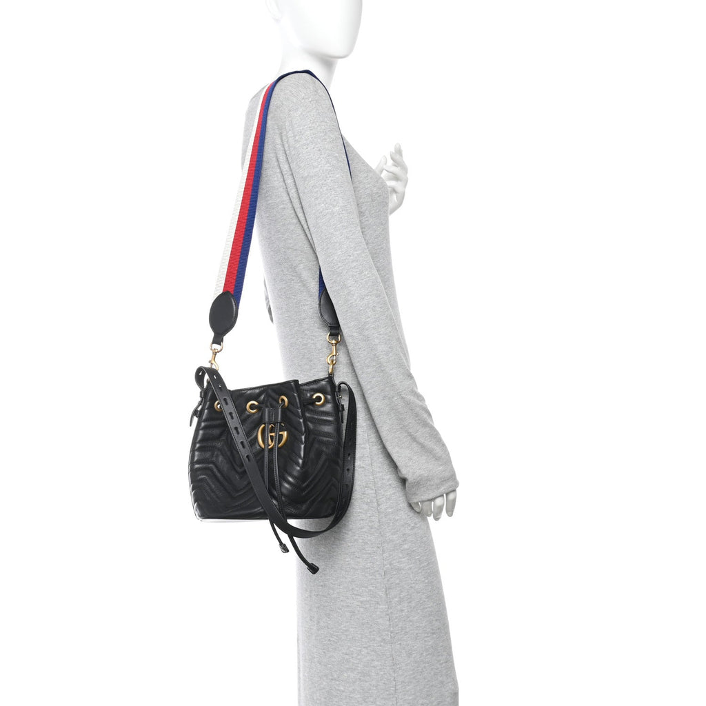 Gucci Calfskin Matelasse Sylvie Web GG Marmont Bucket Bag Black