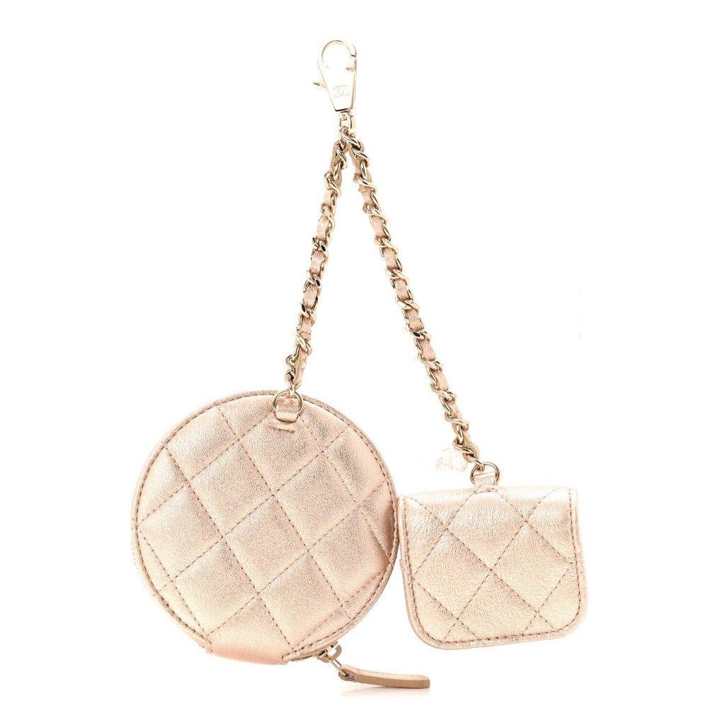 Metallic Lambskin Quilted Round Clip On Coin Purse Airpods Case Gold
