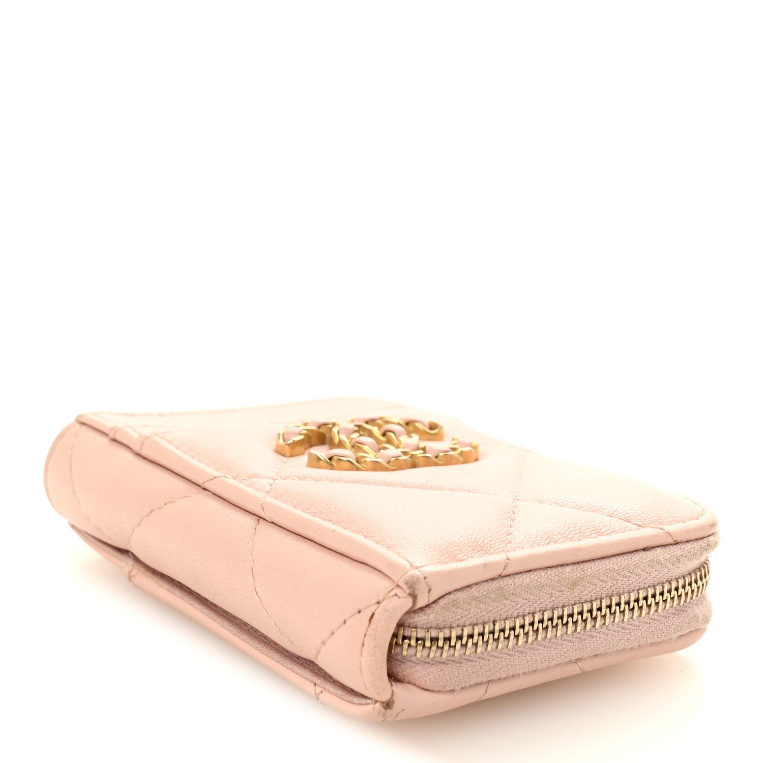 Lambskin Quilted Chanel 19 Vertical Zip Card Holder Wallet Light Pink