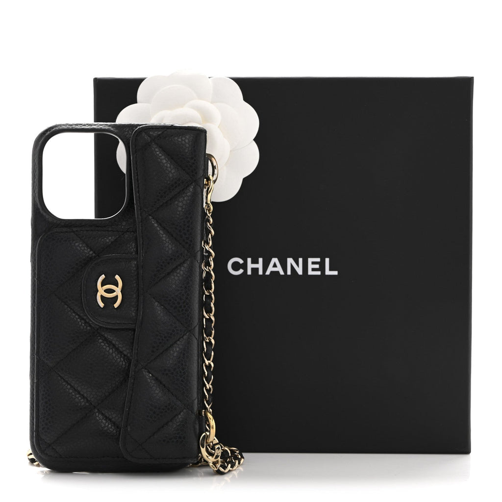 Caviar Quilted Pearl Crush iPhone 16 Pro Max Case With Chain Black