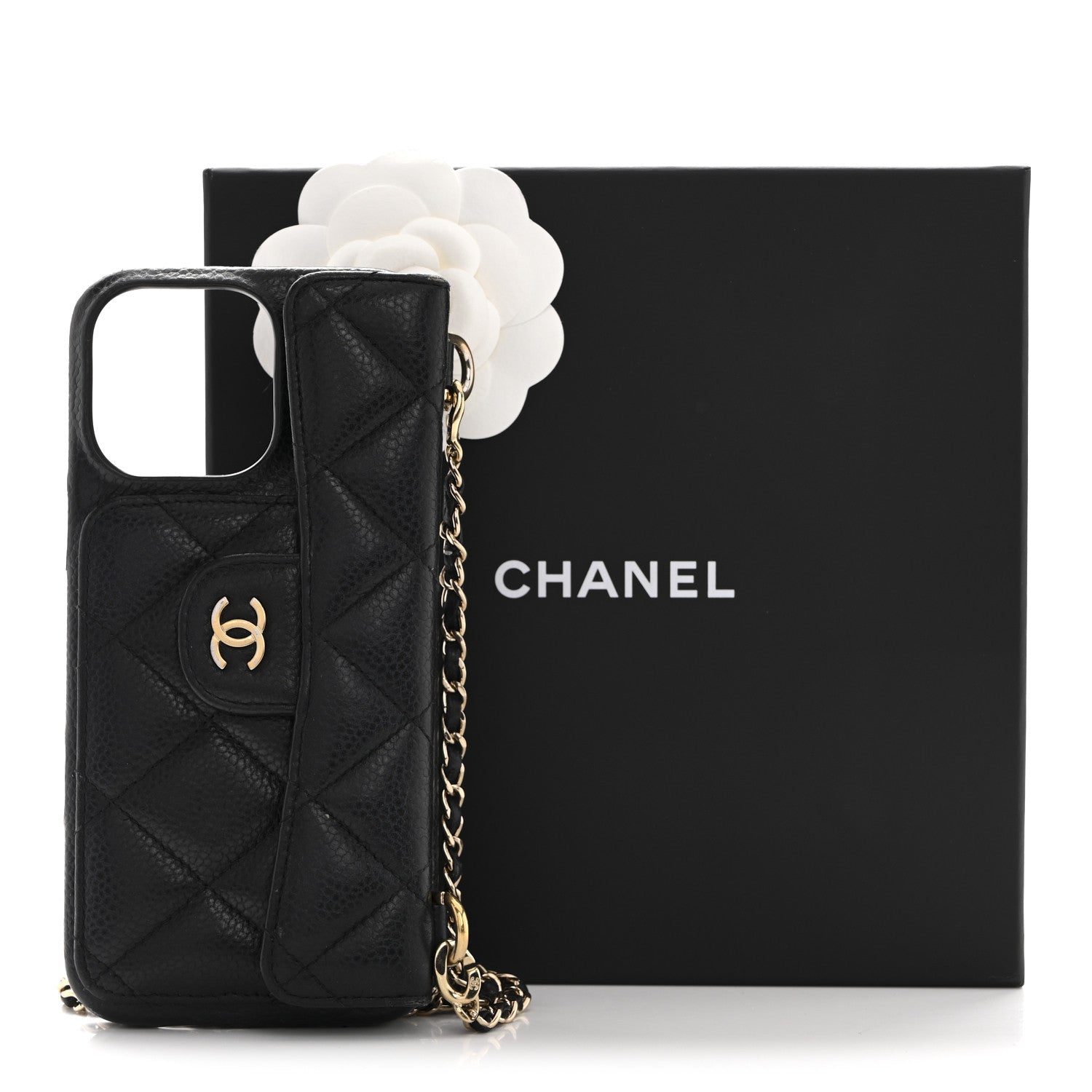 Caviar Quilted Pearl Crush iPhone 16 Pro Max Case With Chain Black