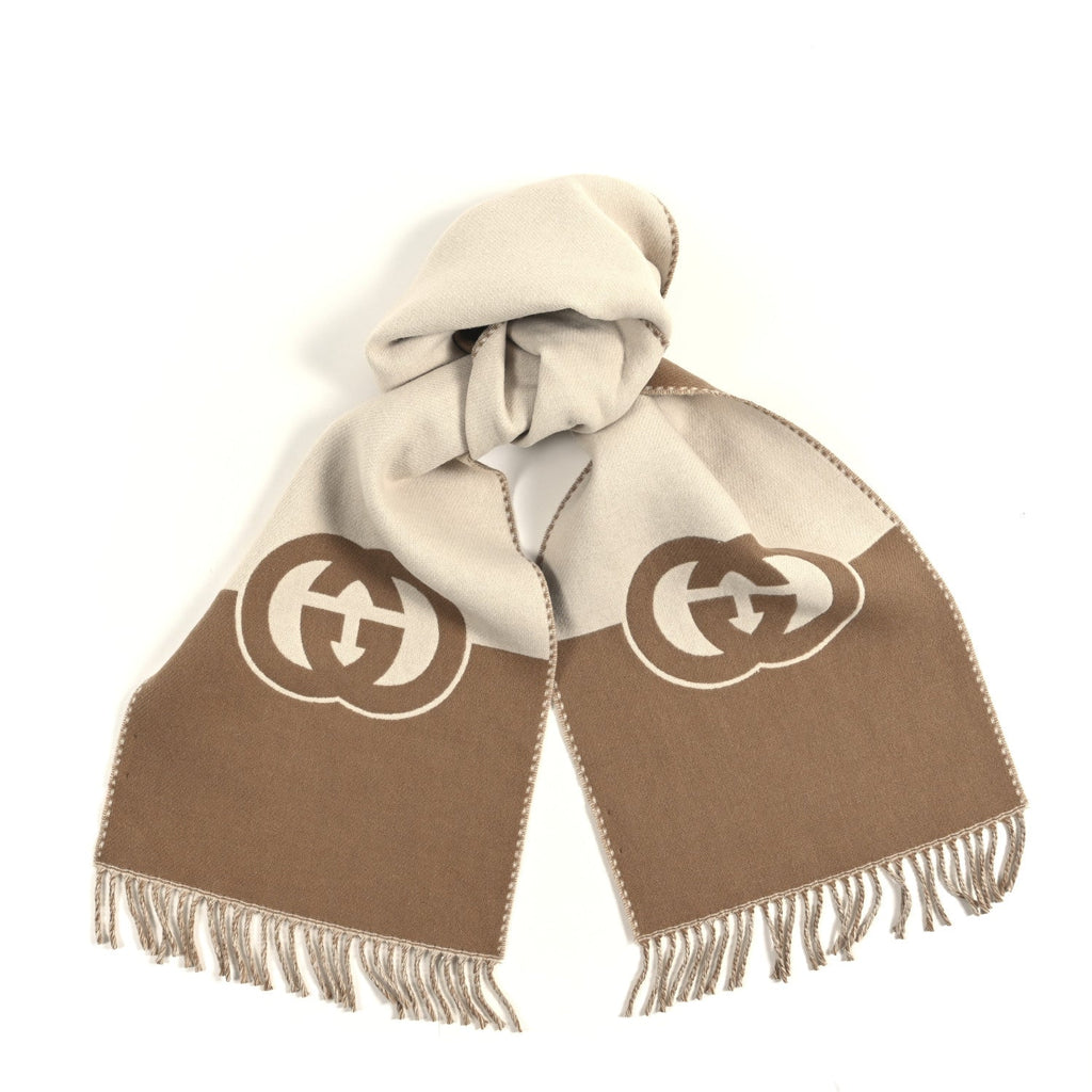 Gucci Wool Cashmere Interlocking G Scarf Ivory Beige
