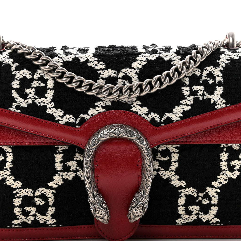 Gucci Tweed GG Monogram Small Dionysus Shoulder Bag Black White Romantic Cherry