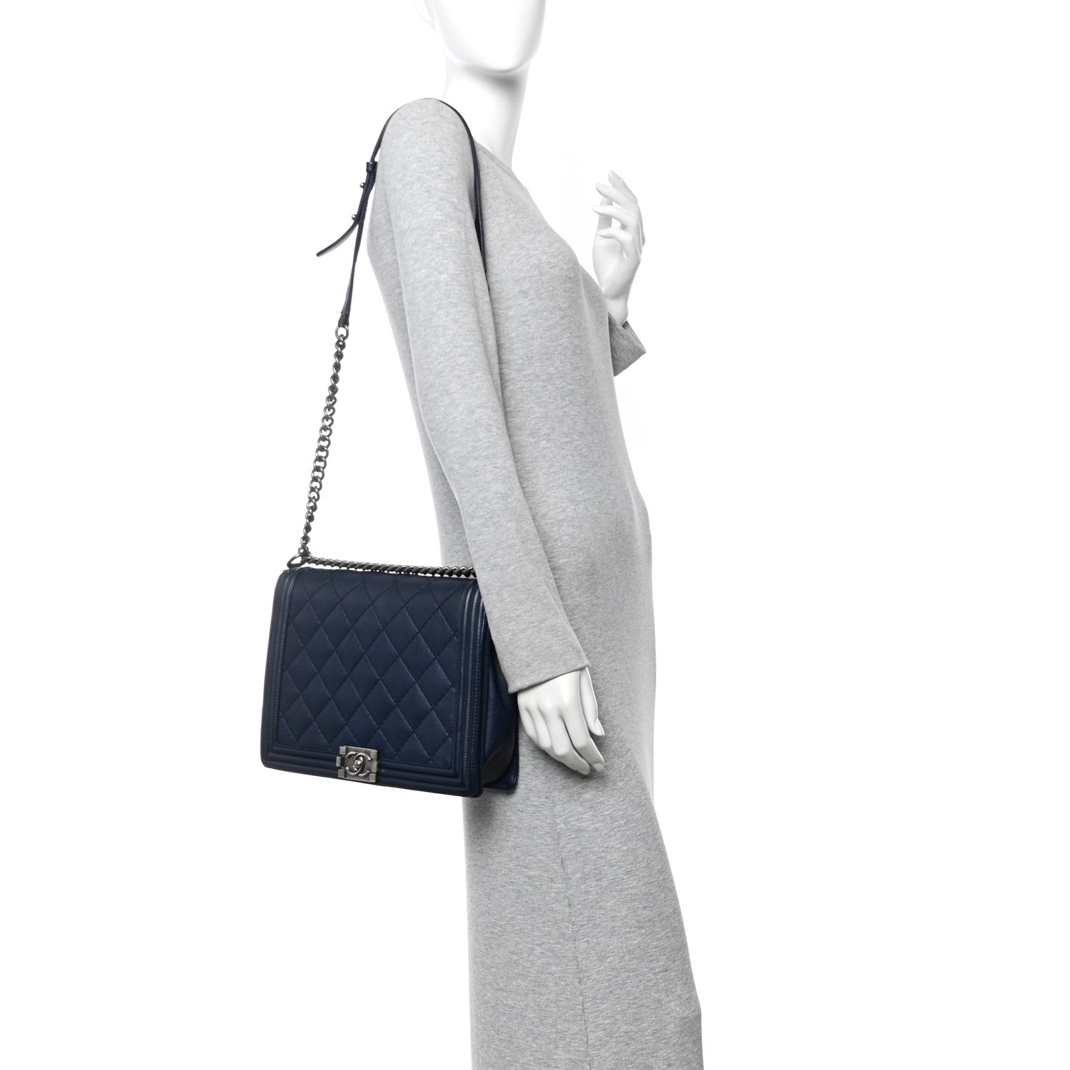 Chanel Calfskin Double Stitch Large Boy Flap Navy Blue