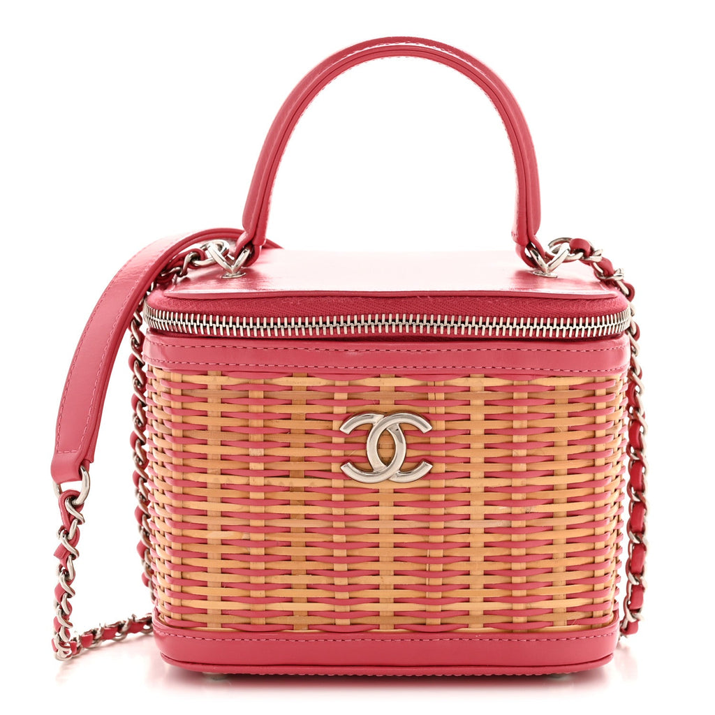 Chanel Calfskin Raffia Small Take Away Vanity Case Bag Pink Beige