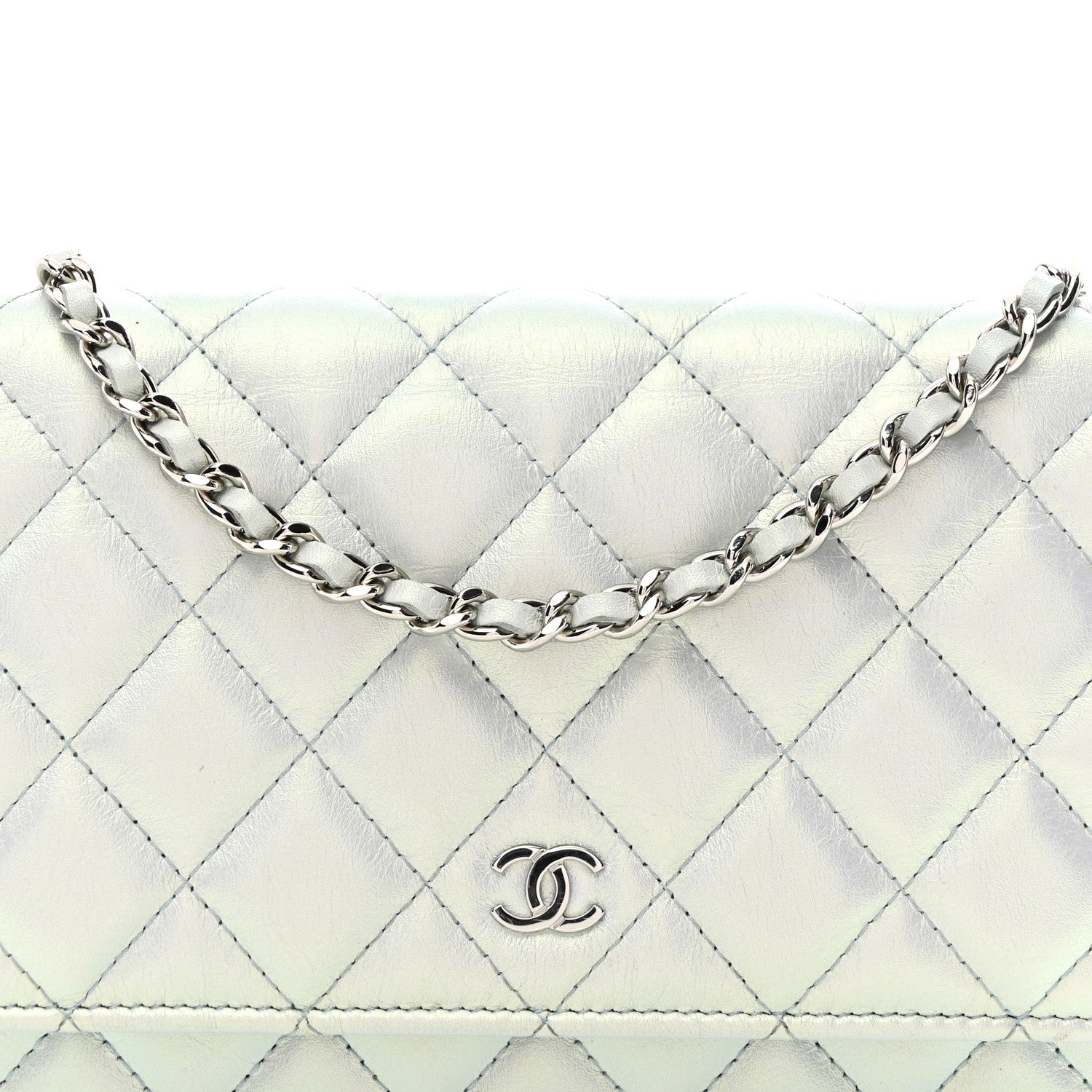 Chanel Iridescent Calfskin Quilted Wallet On Chain WOC Light Blue