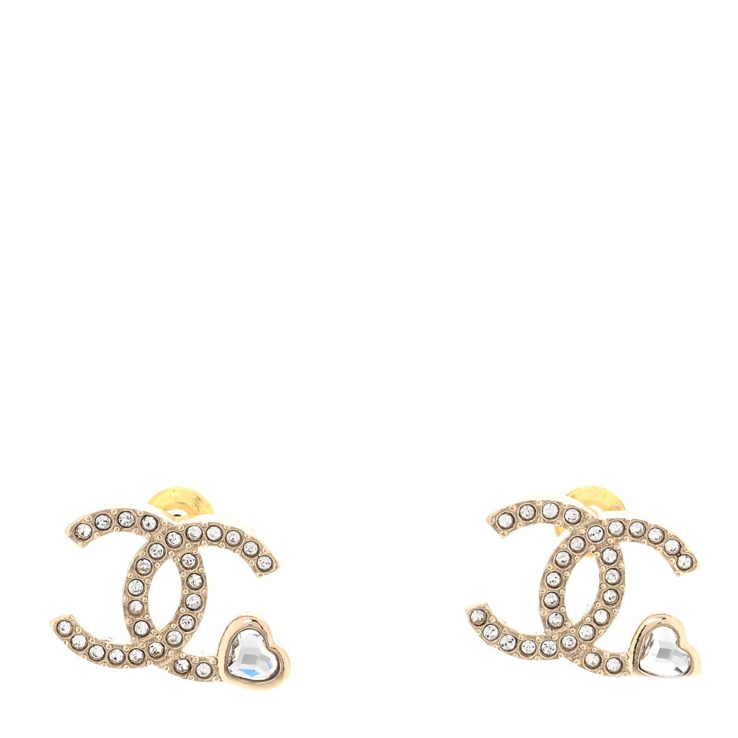 Metal Crystal CC Heart Earrings Light Gold