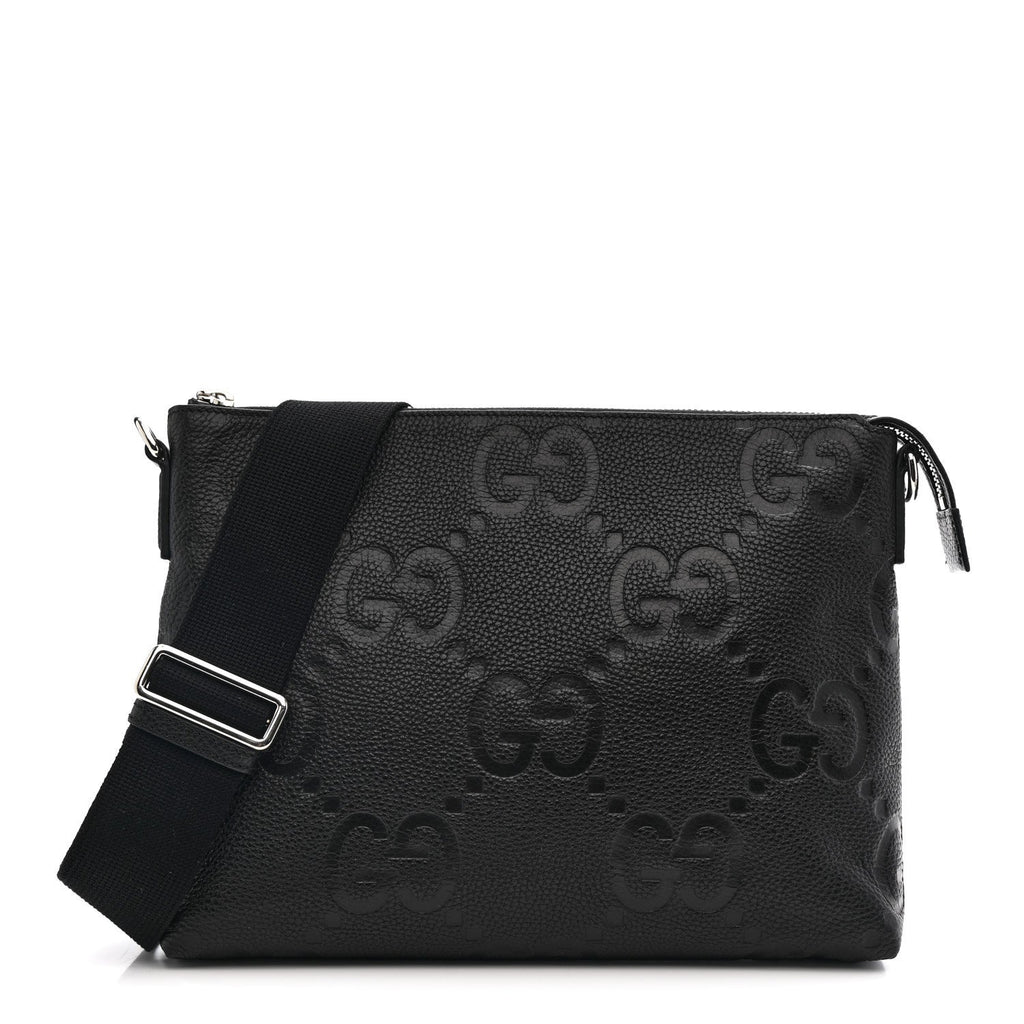 Gucci Piuma Calfskin Jumbo GG Embossed Medium Wristlet Messenger Bag Black