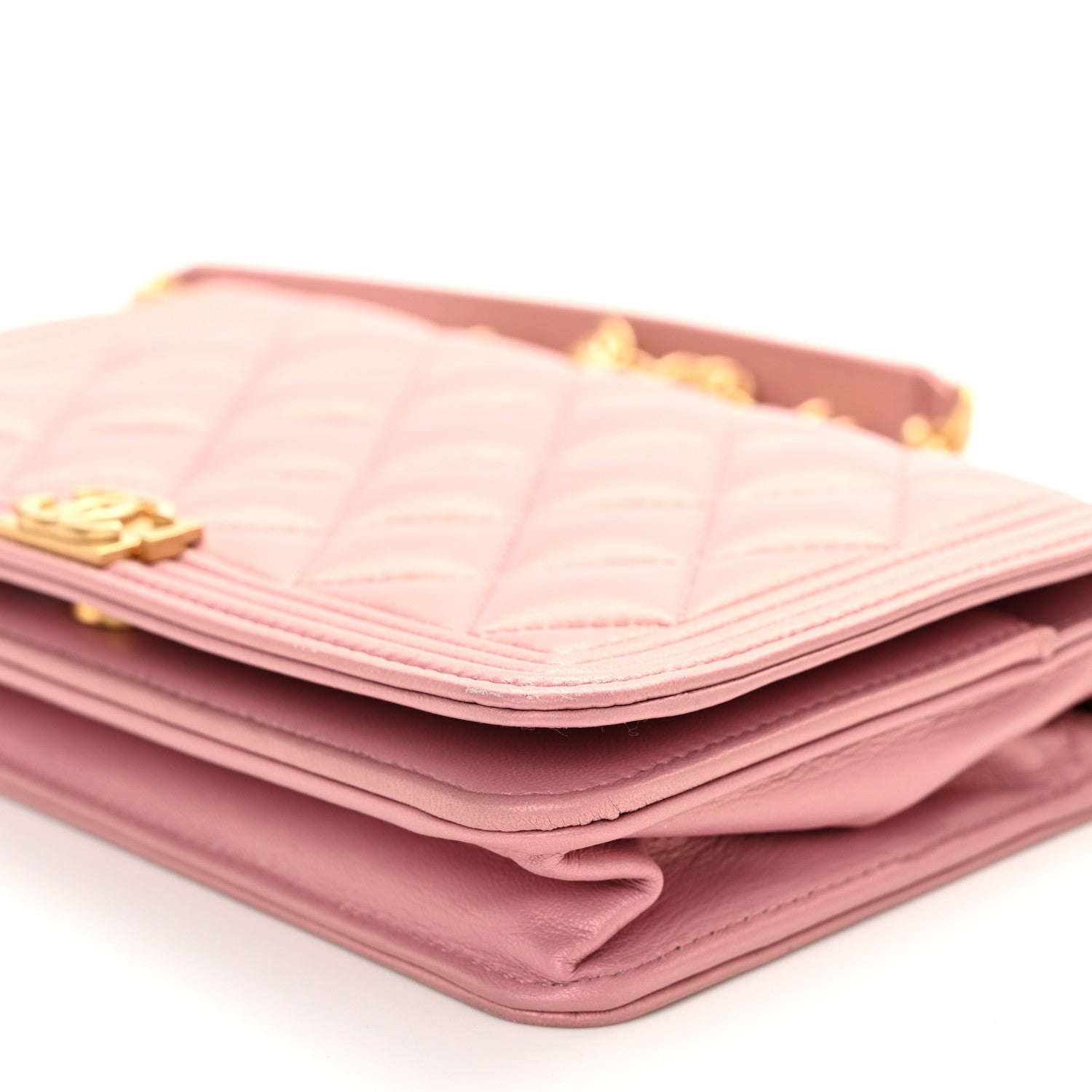 Chanel Metallic Lambskin Quilted Boy Wallet On Chain WOC Pink