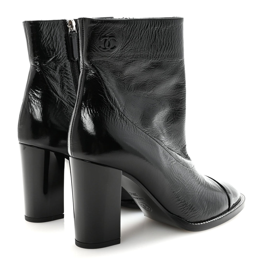 Chanel Shiny Calfskin Patent Cap Toe CC Short Boots 38.5 Black