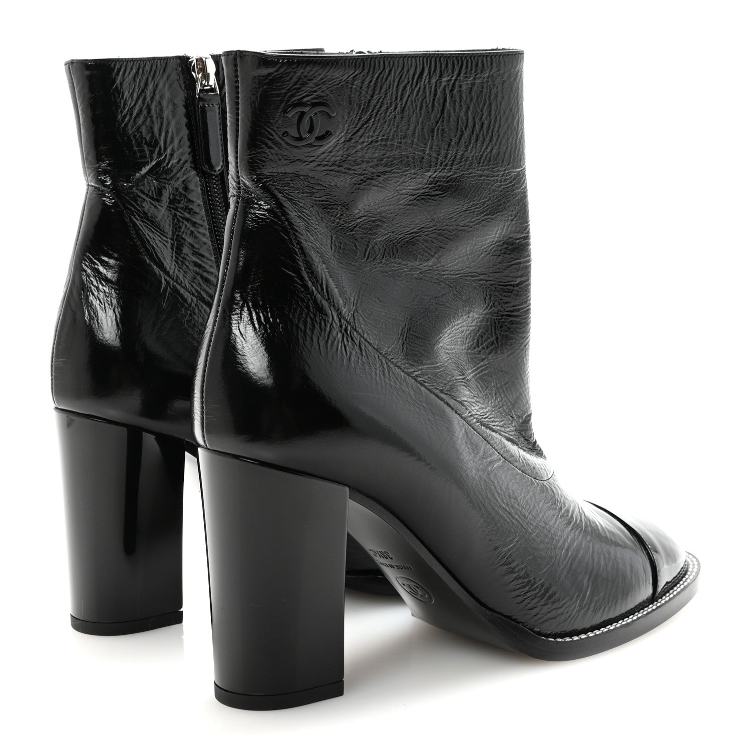 Chanel Shiny Calfskin Patent Cap Toe CC Short Boots 38.5 Black