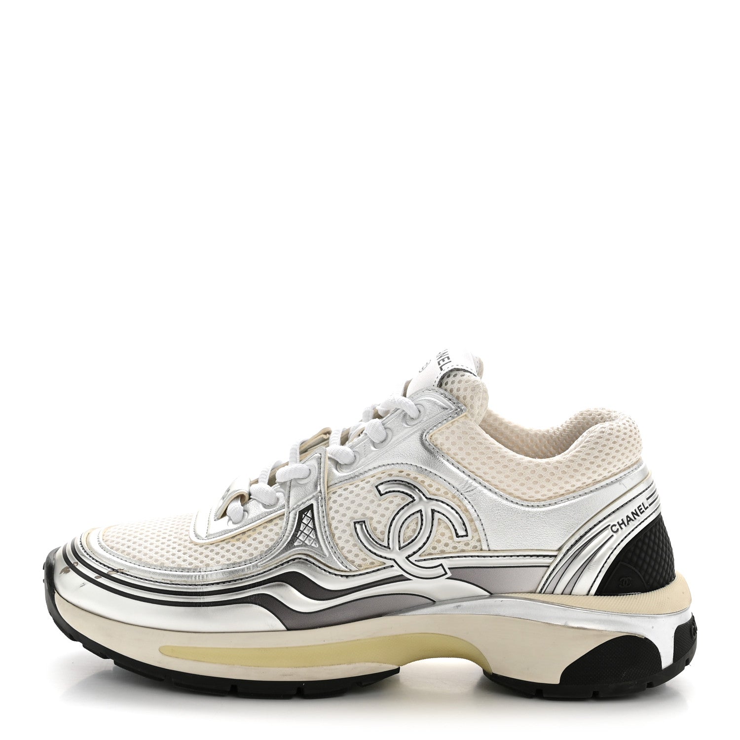 Fabric Laminated Calfskin Stretch CC Sneakers 36 White Silver
