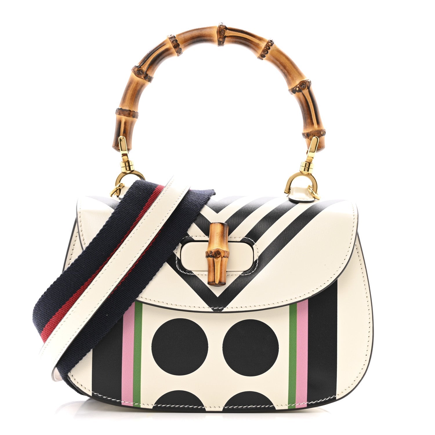 Gucci Calfskin Web Geometric Print Small Bamboo 1947 Top Handle Bag White Multicolor