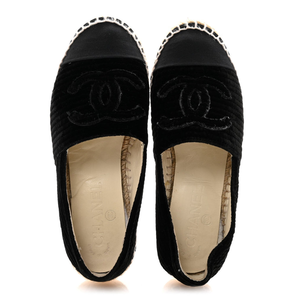 Chanel Velvet Grosgrain Quilted CC Espadrilles 35 Black