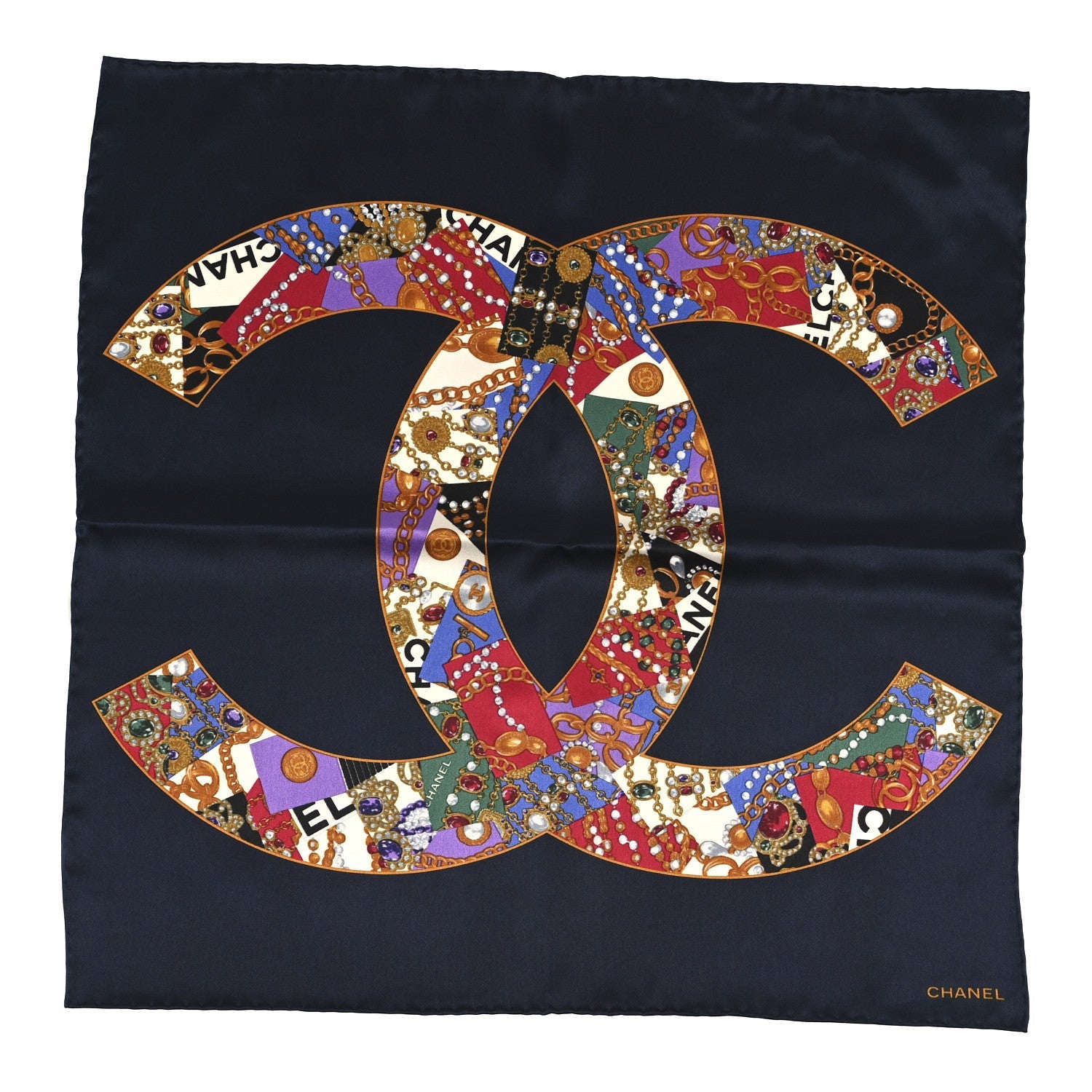 Chanel Silk CC Gripoix Logo Mini Bandana Navy Blue Golden Multicolor
