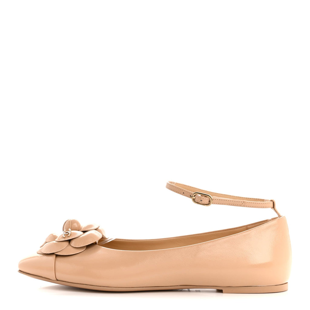 Chanel Shiny Calfskin Camellia Ankle Strap Ballerina Flats 36 Beige