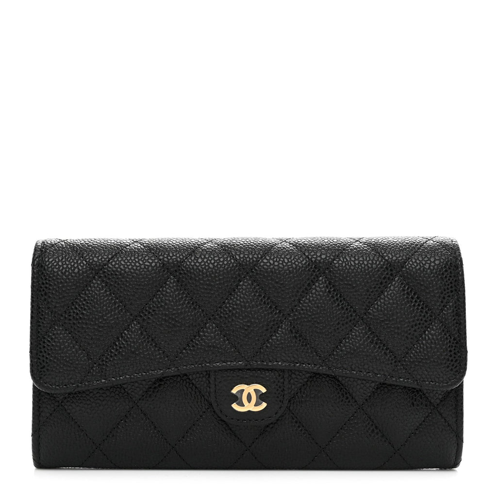 Caviar Quilted Large Gusset Flap Wallet Black