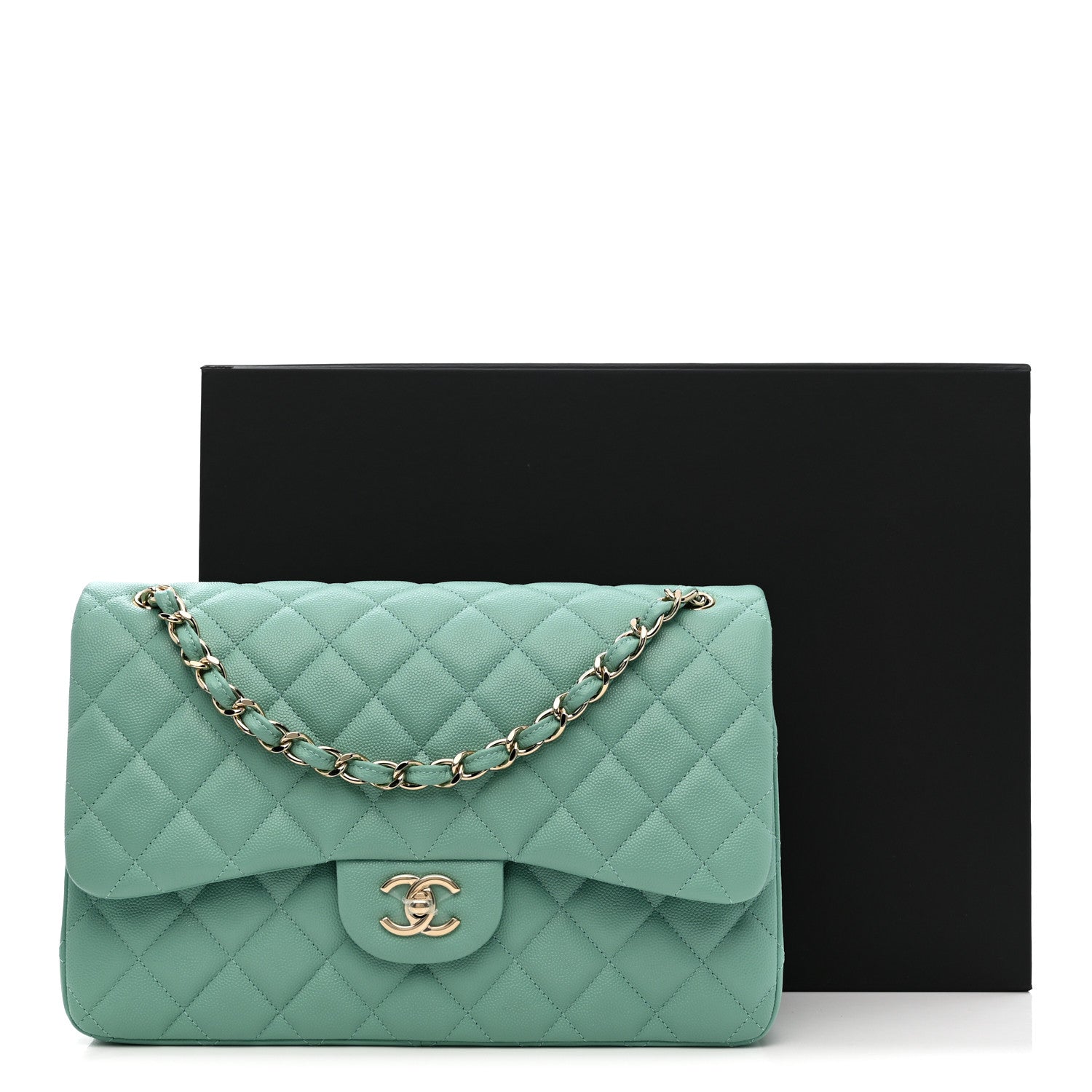 Chanel Caviar Quilted Jumbo Double Flap Light Green