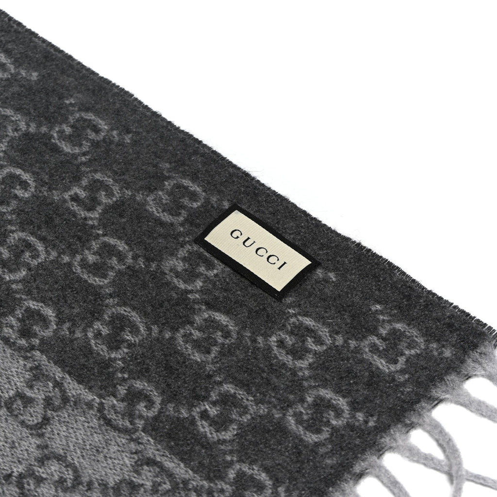 Gucci Cashmere Monogram Web Fringe Scarf Grey Red Navy