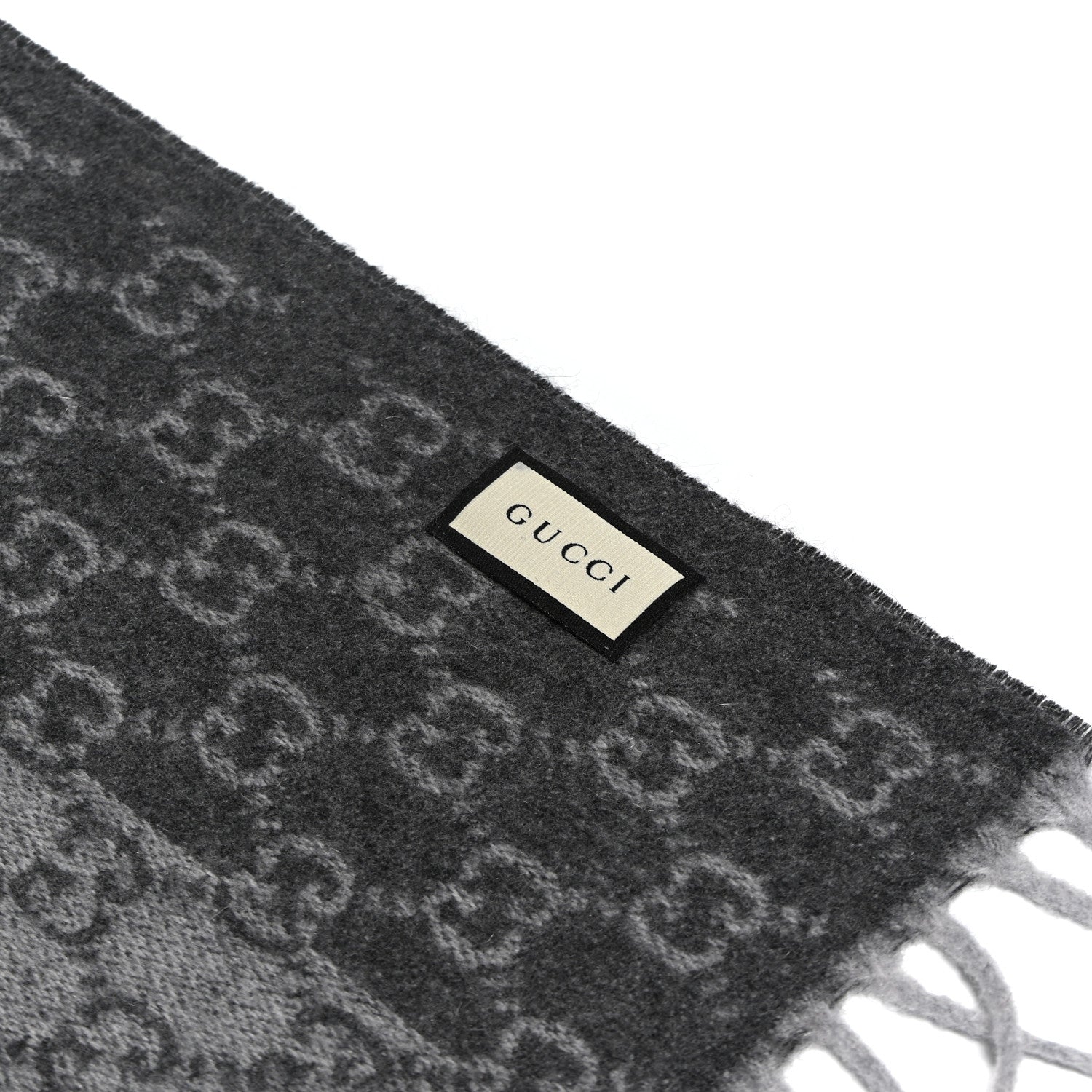 Gucci Cashmere Monogram Web Fringe Scarf Grey Red Navy