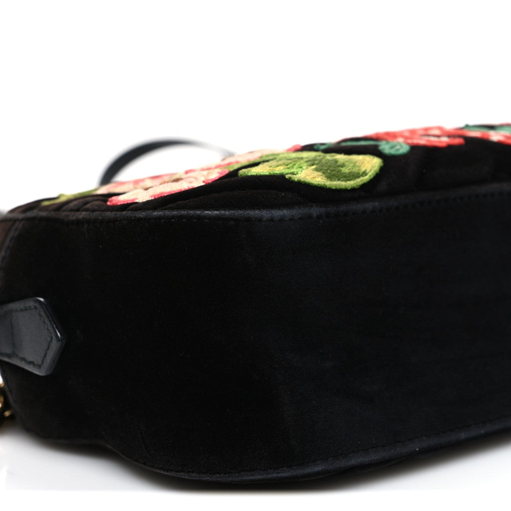 Gucci Velvet Matelasse Deer Embroidered Small GG Marmont Chain Shoulder Bag Black