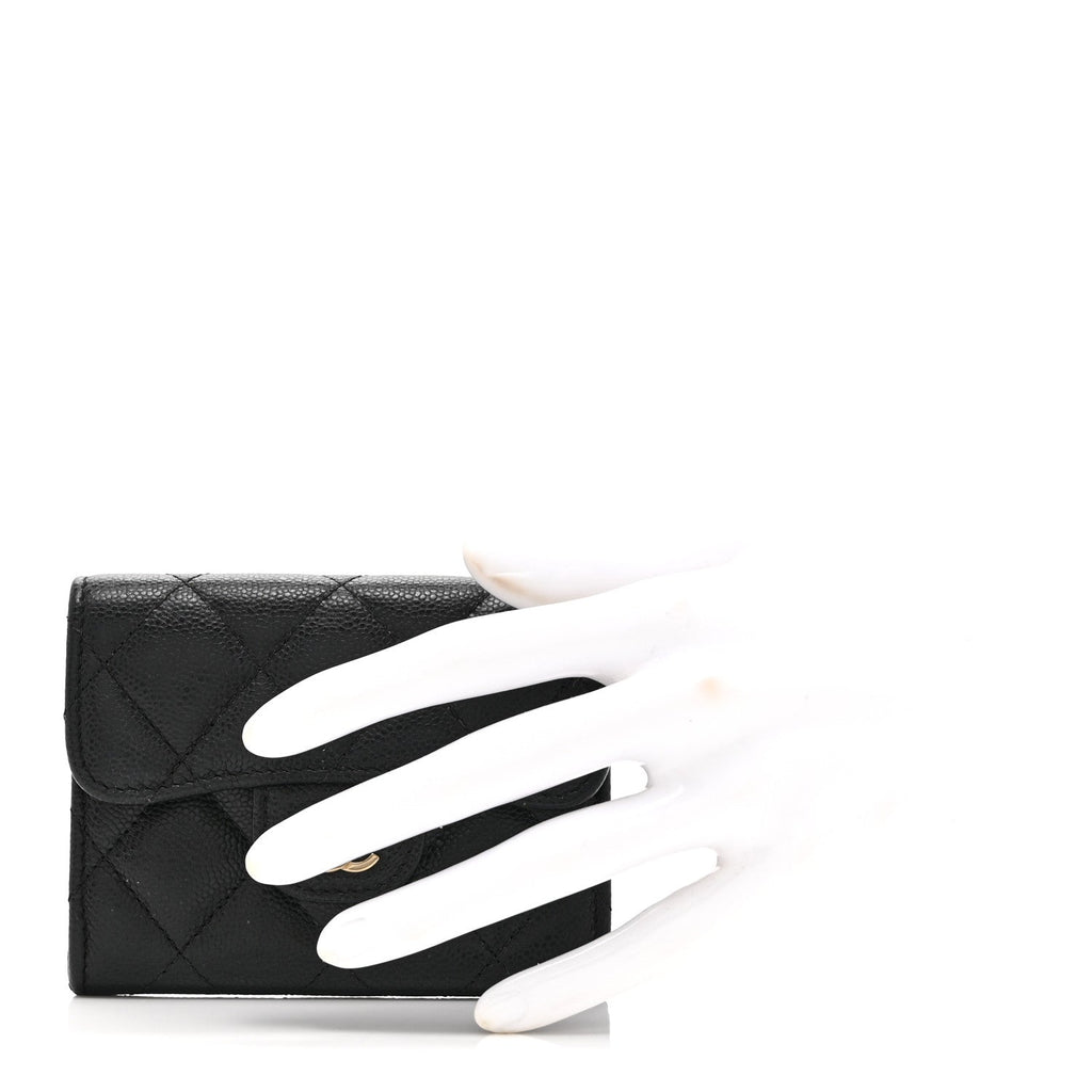 Caviar Quilted Flap Card Holder Wallet Black