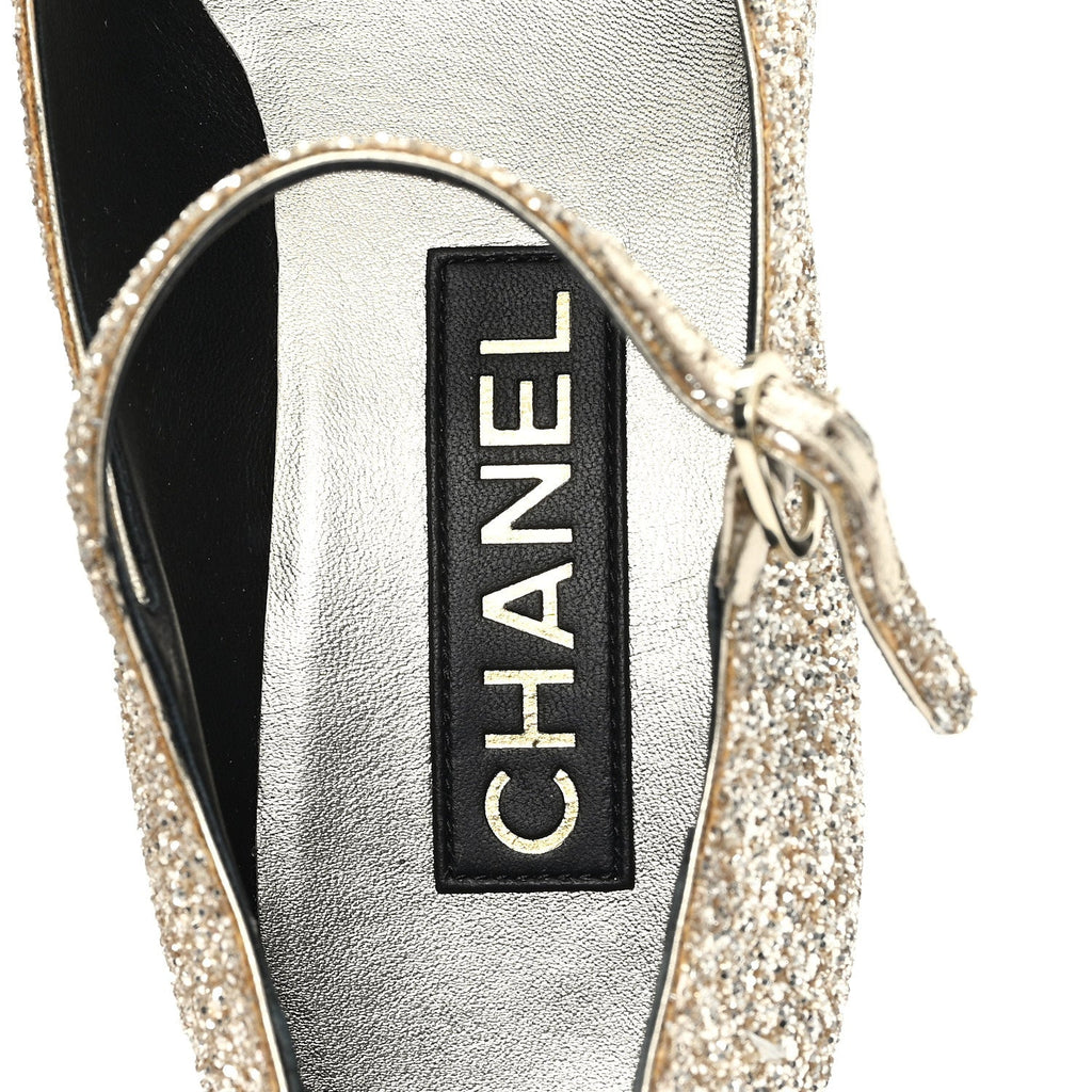 Glitter Lambskin Cap Toe CC Mary Jane Pumps 37.5 Light Gold Black